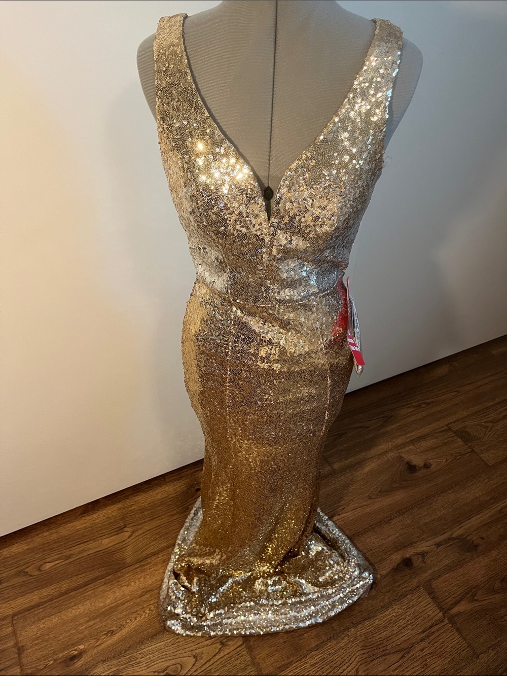 Crystal Doll Gold Sequin V-Neck Prom Gown